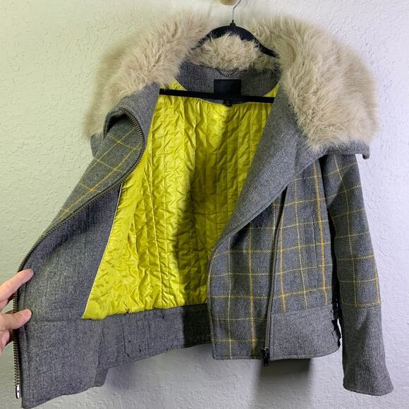 BANANA REPUBLIC Coat Jacket Moto Plaid Faux Fur‎ Collar Tweed Zip Cuffs - Picture 4 of 15